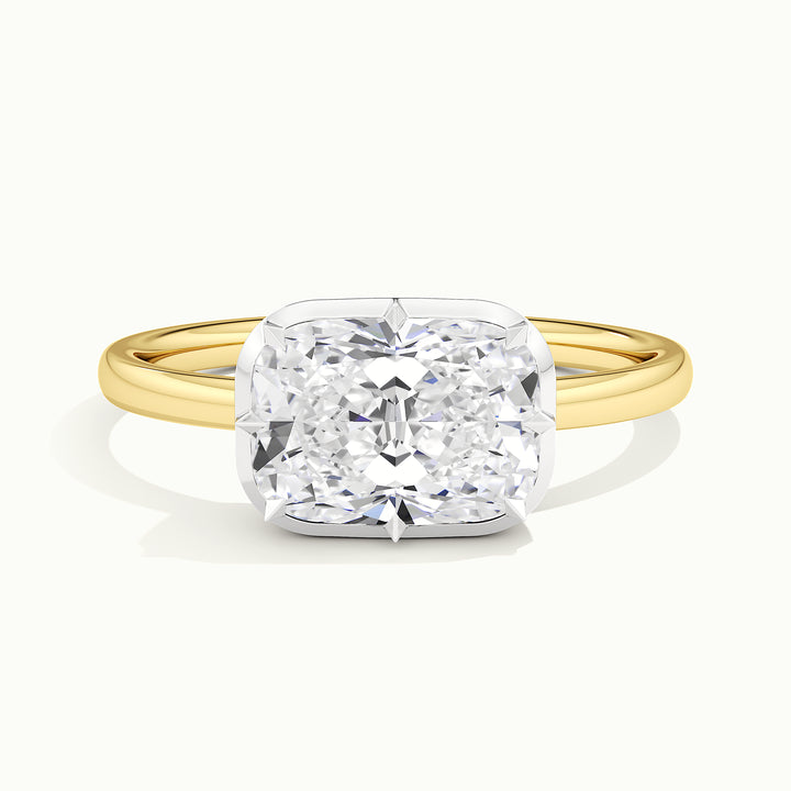 Yellow gold two-tone elongated cushion-cut east-west engagement ring, front view