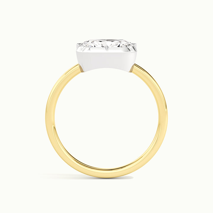 Yellow gold two-tone elongated cushion-cut east-west engagement ring, side profile showing setting height