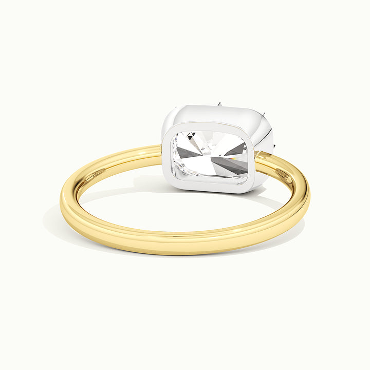 Yellow gold two-tone elongated cushion-cut east-west engagement ring, rear view showing the setting gallery