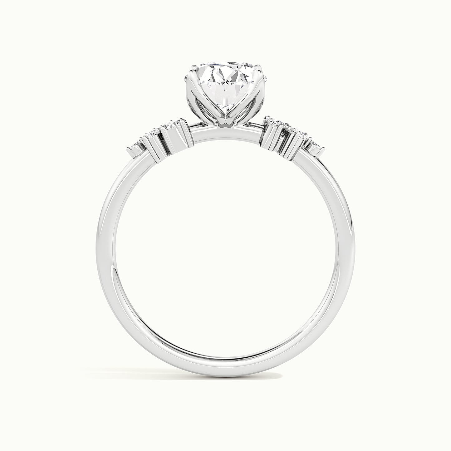 White gold oval-cut clustered shoulder side-stone engagement ring, side profile showing setting height