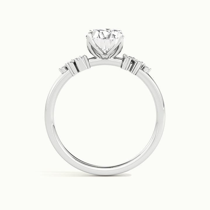 White gold oval-cut clustered shoulder side-stone engagement ring, side profile showing setting height