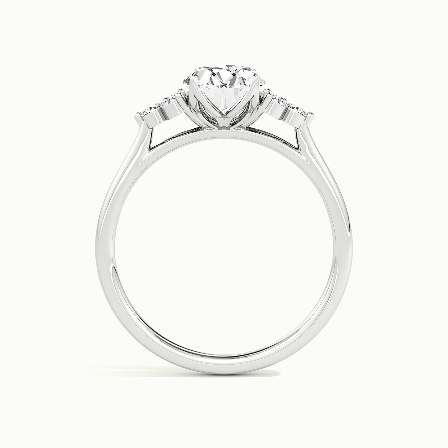 White gold oval-cut vintage-inspired side-stone cluster engagement ring, side profile showing setting height