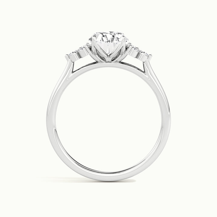 White gold oval-cut vintage-inspired side-stone cluster engagement ring, side profile showing setting height