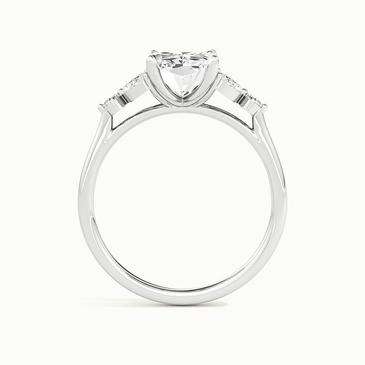 White gold radiant-cut side-stone cluster engagement ring, side profile showing setting height