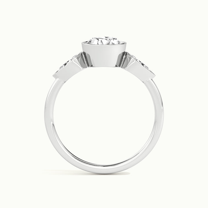 White gold oval-cut bezel-set three-stone with pear side stones engagement ring, side profile showing setting height
