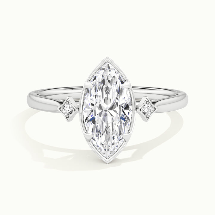 White gold marquise-cut bezel-set three-stone engagement ring, front view