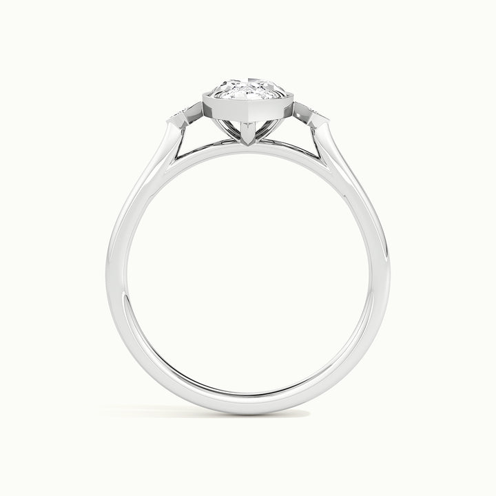 White gold marquise-cut bezel-set three-stone engagement ring, side profile showing setting height