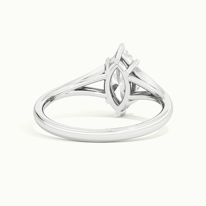 White gold marquise-cut split shank engagement ring, rear view showing the setting gallery