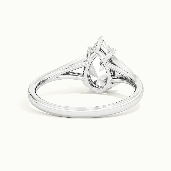 White gold pear-cut split shank engagement ring, rear view showing the setting gallery