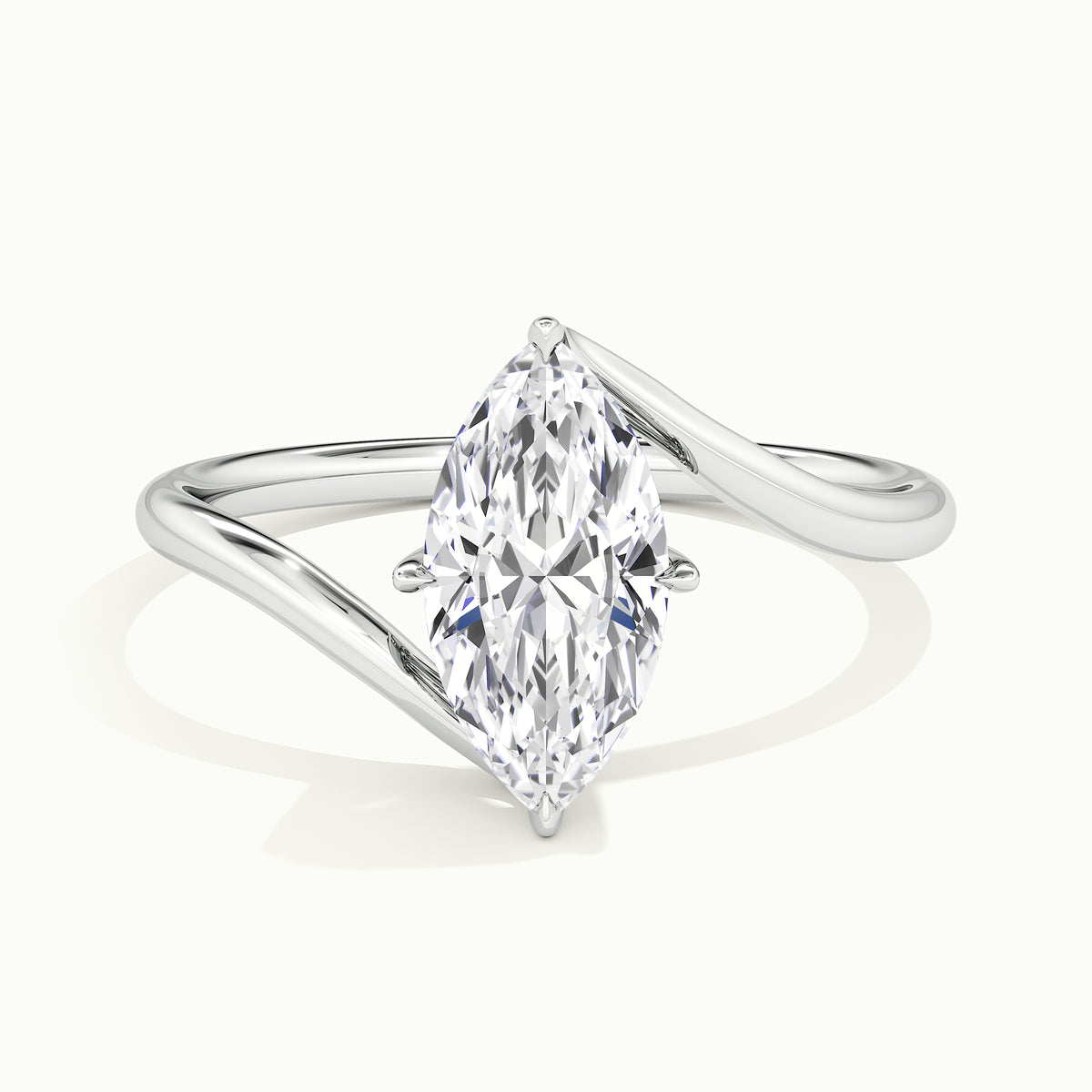 White gold marquise-cut sculptural bypass hidden halo engagement ring, front view