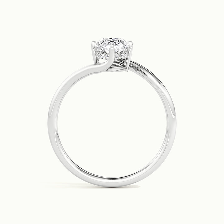 White gold marquise-cut sculptural bypass hidden halo engagement ring, side profile showing setting height