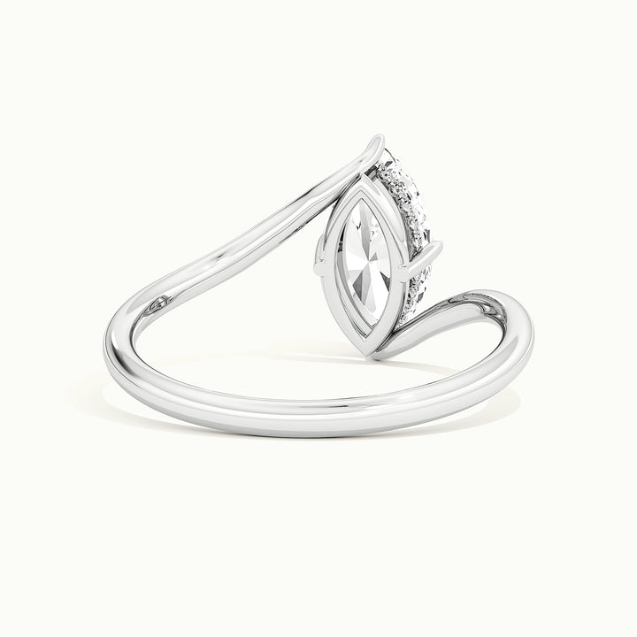 White gold marquise-cut sculptural bypass hidden halo engagement ring, rear view showing the setting gallery