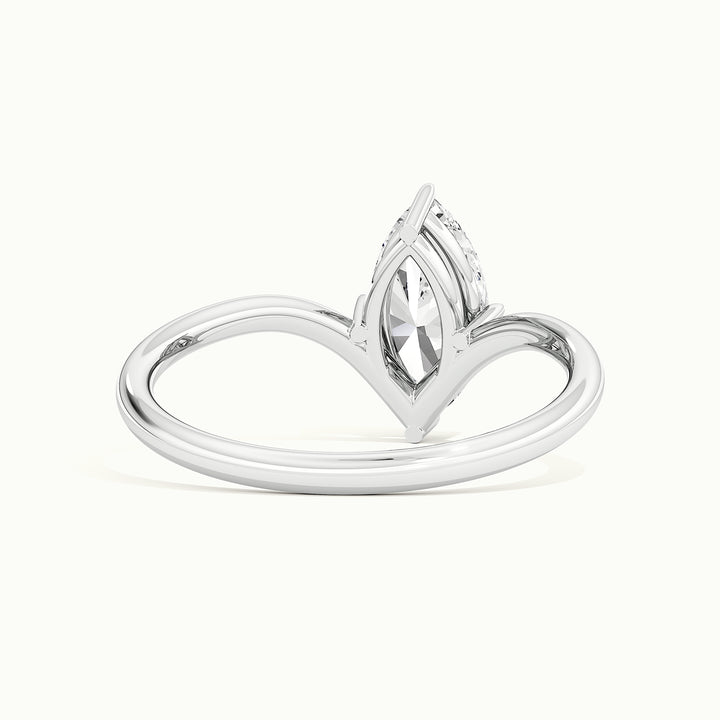White gold marquise-cut V band solitaire engagement ring, rear view showing the setting gallery