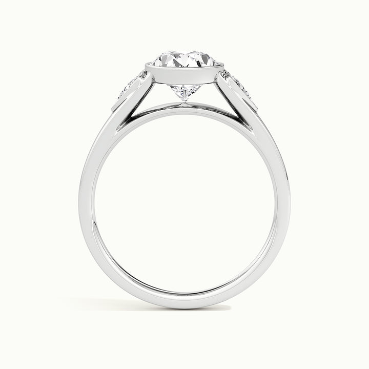 White gold oval-cut bezel-set with trillion side stones engagement ring, side profile showing setting height