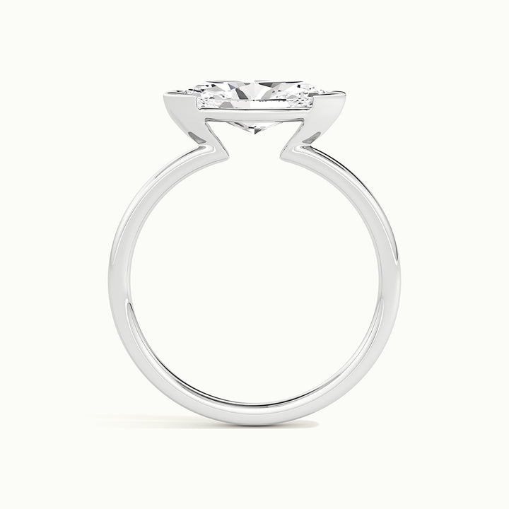 White gold marquise-cut half-bezel east-west engagement ring, side profile showing setting height