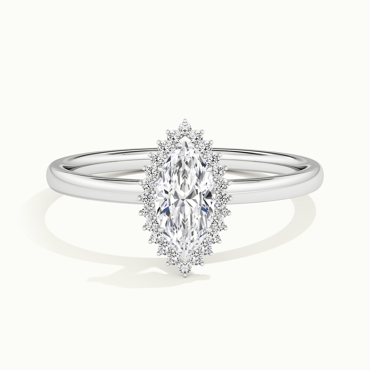 White gold marquise-cut starburst halo engagement ring, front view
