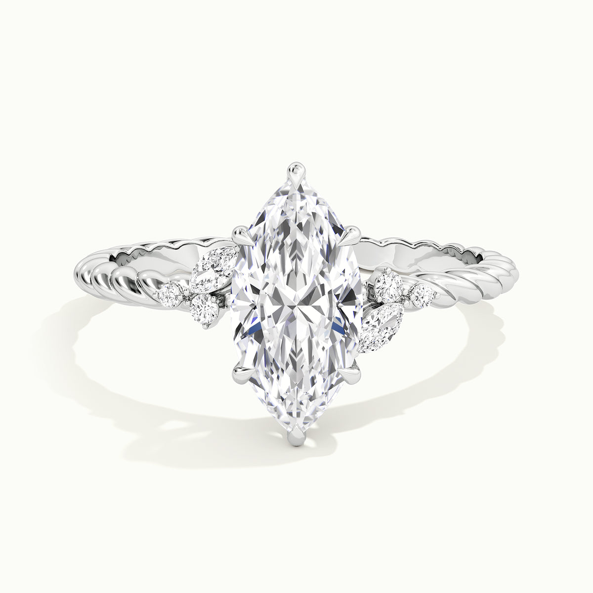 White gold marquise-cut nature-inspired twisted band engagement ring, front view