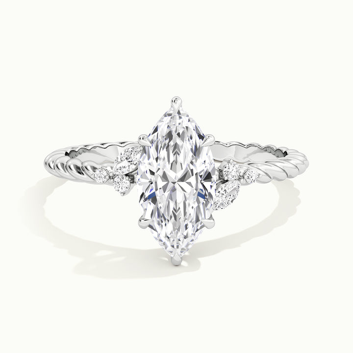White gold marquise-cut nature-inspired twisted band engagement ring, front view