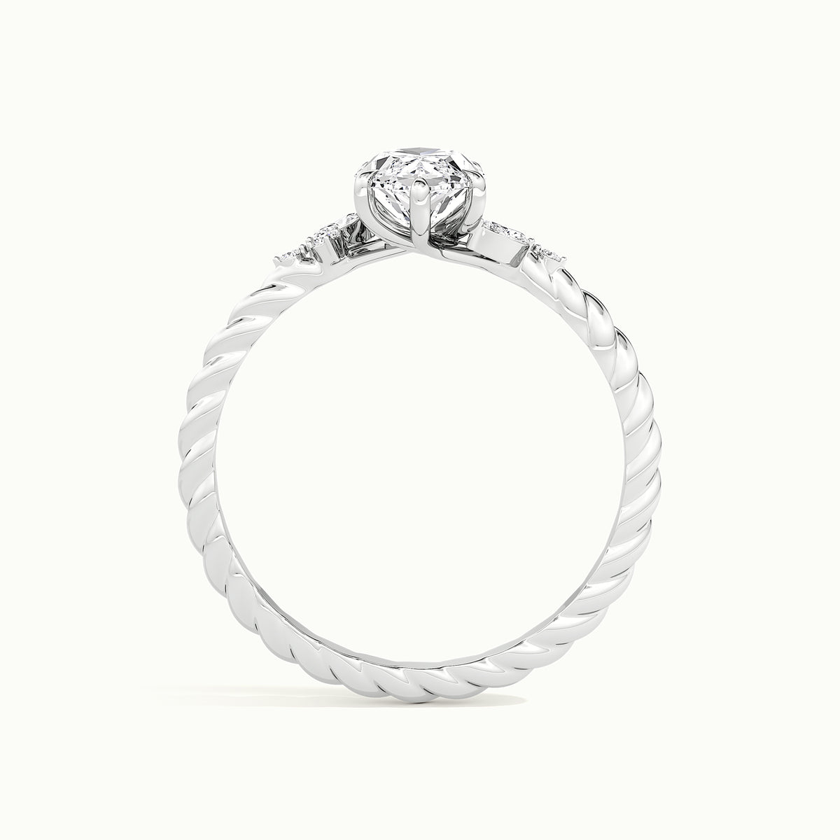 White gold marquise-cut nature-inspired twisted band engagement ring, side profile showing setting height