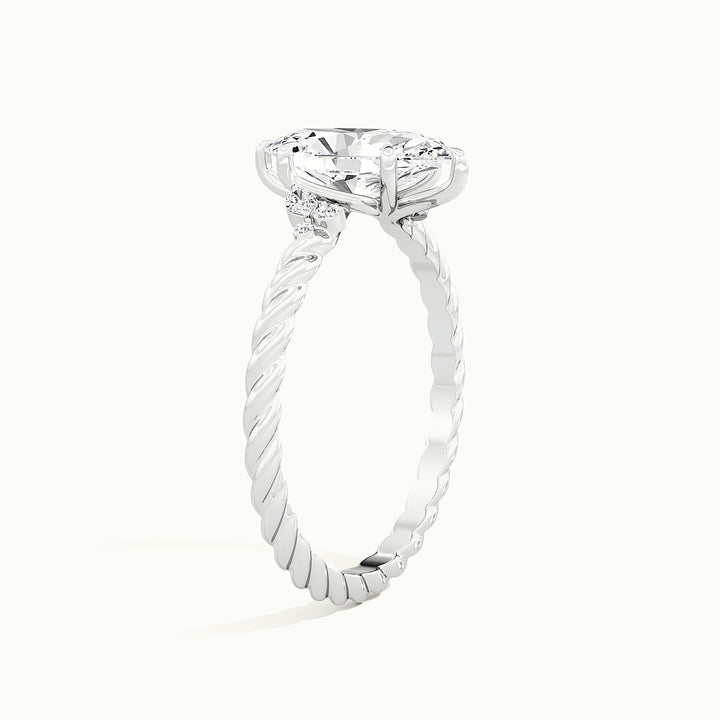 White gold marquise-cut nature-inspired twisted band engagement ring, raised three-quarter view of the setting