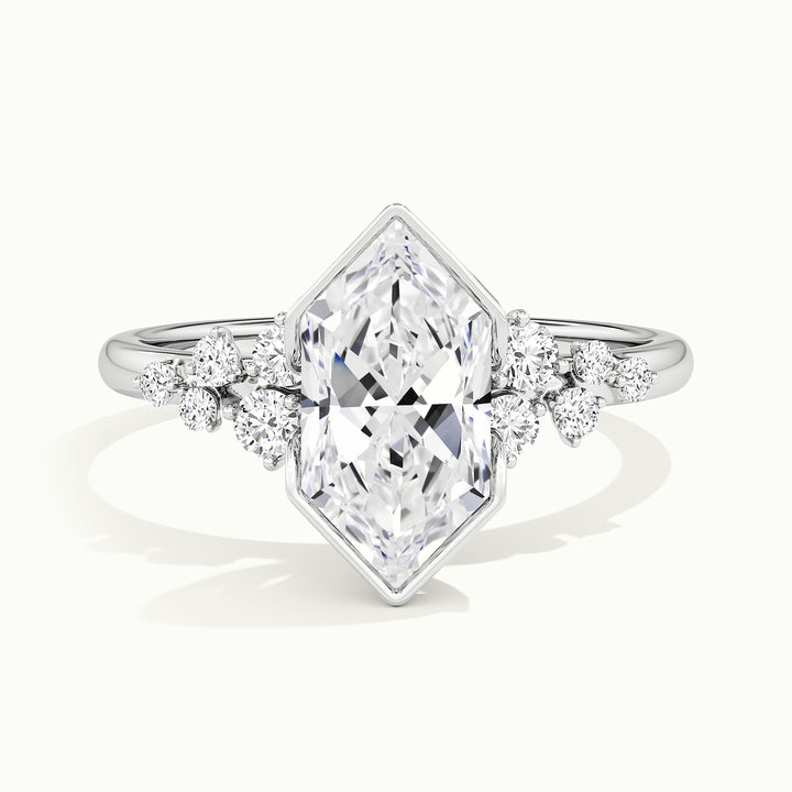 White gold Dutch marquise-cut bezel-set with side-stone cluster engagement ring, front view