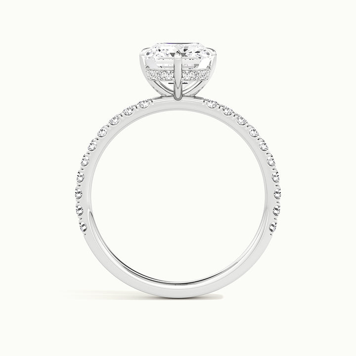 White gold emerald-cut compass pave hidden halo engagement ring, side profile showing setting height