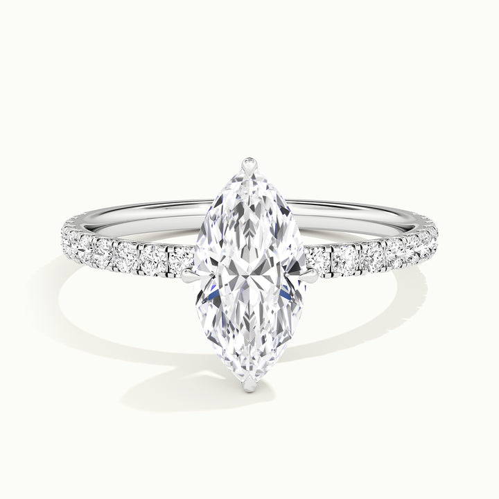 White gold marquise-cut compass pave hidden halo engagement ring, front view