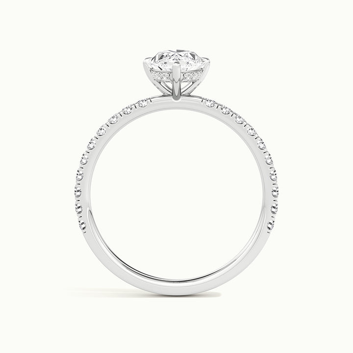 White gold marquise-cut compass pave hidden halo engagement ring, side profile showing setting height