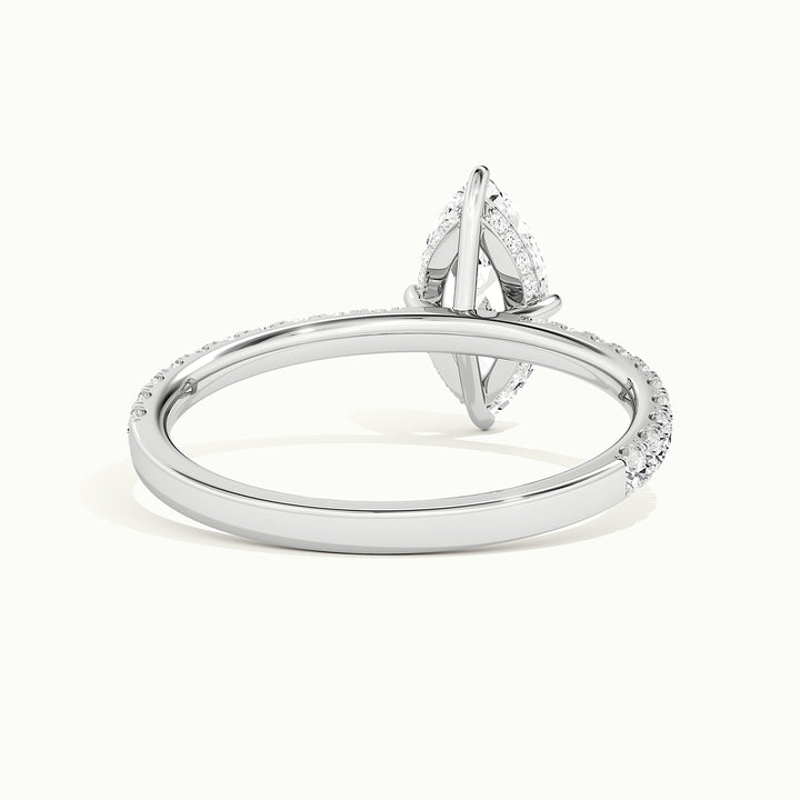 White gold marquise-cut compass pave hidden halo engagement ring, rear view showing the setting gallery