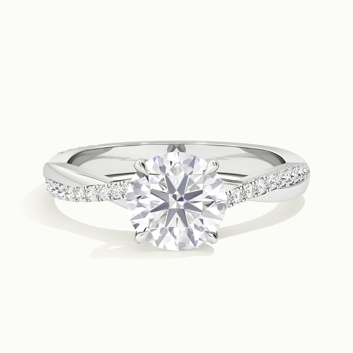 White gold round brilliant-cut twisted pave band engagement ring, front view