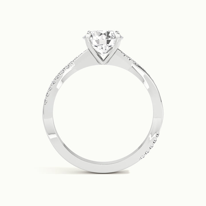 White gold round brilliant-cut twisted pave band engagement ring, side profile showing setting height