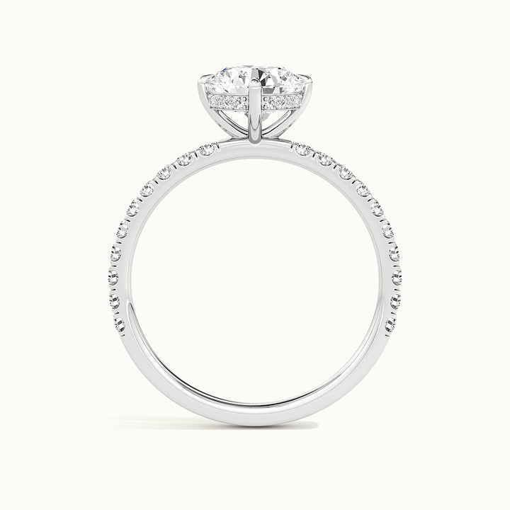White gold round brilliant-cut compass pave hidden halo engagement ring, side profile showing setting height