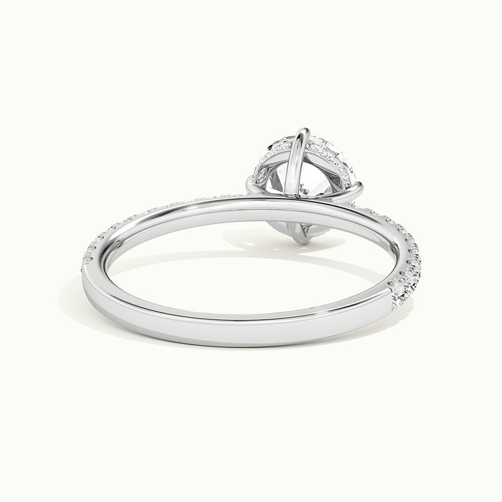 White gold round brilliant-cut compass pave hidden halo engagement ring, rear view showing the setting gallery