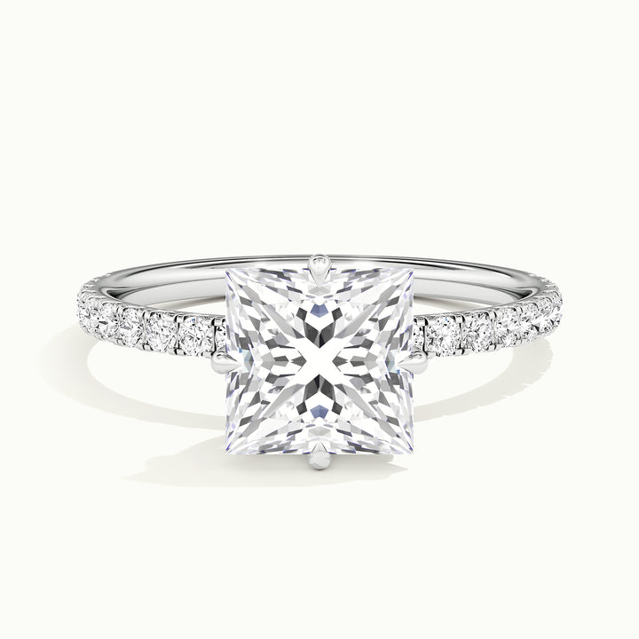White gold princess-cut compass pave hidden halo engagement ring, front view