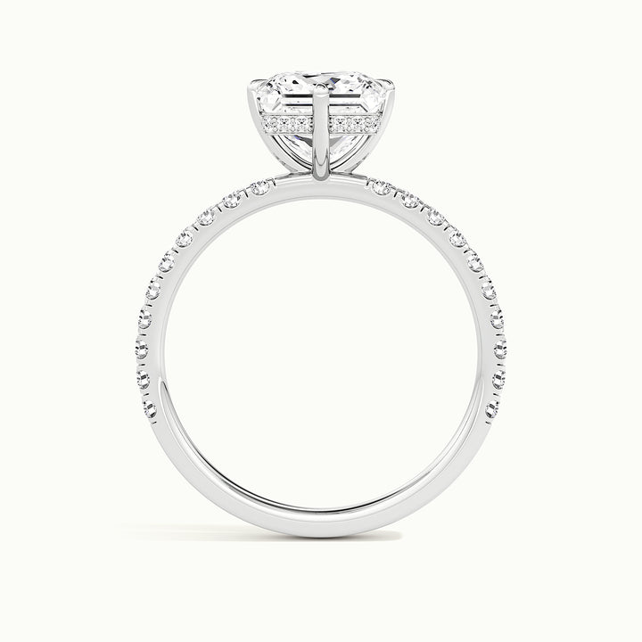 White gold princess-cut compass pave hidden halo engagement ring, side profile showing setting height