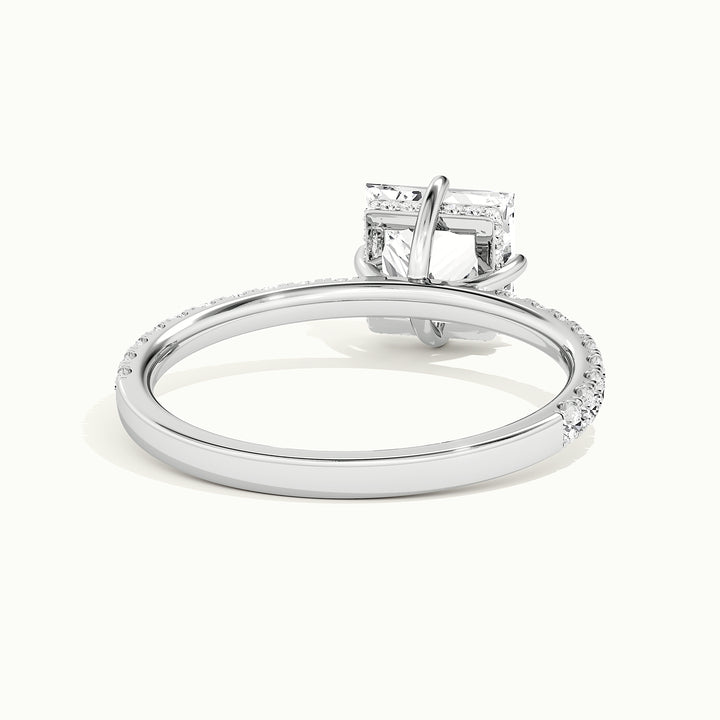 White gold princess-cut compass pave hidden halo engagement ring, rear view showing the setting gallery