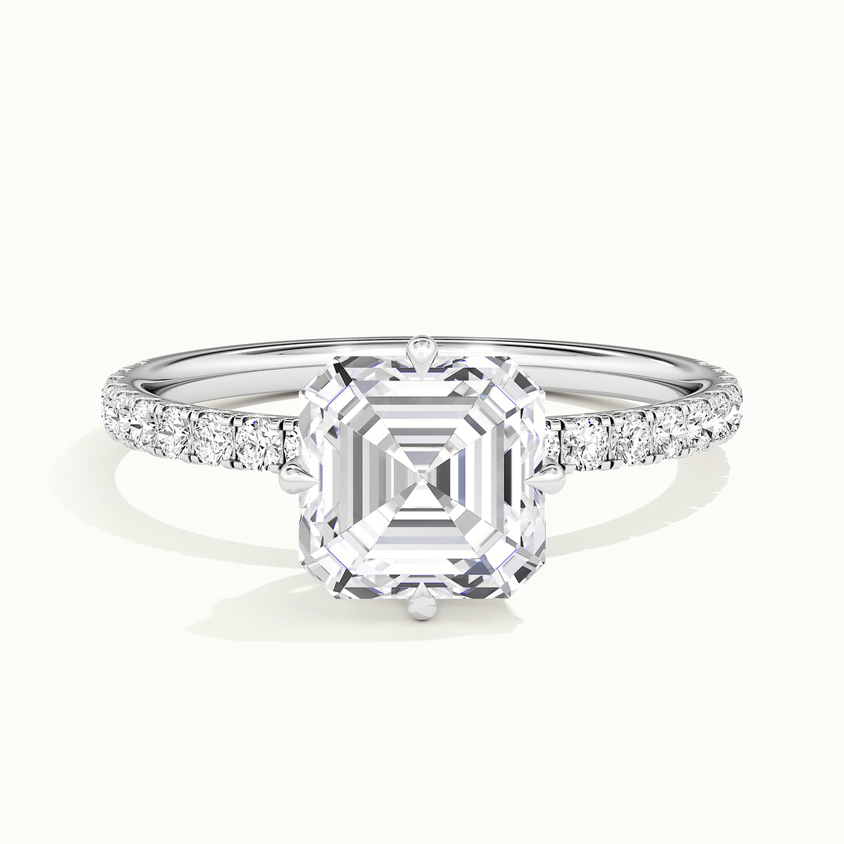 White gold Asscher-cut compass pave hidden halo engagement ring, front view