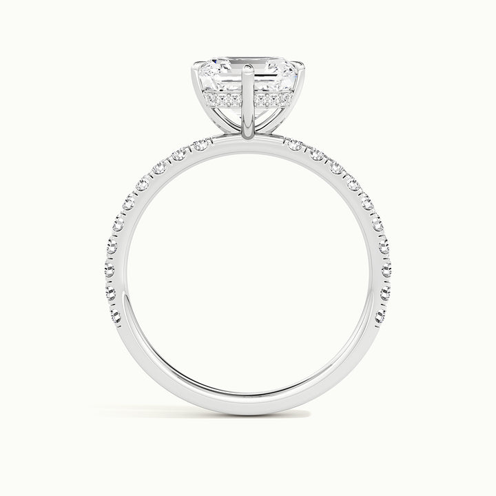 White gold Asscher-cut compass pave hidden halo engagement ring, side profile showing setting height