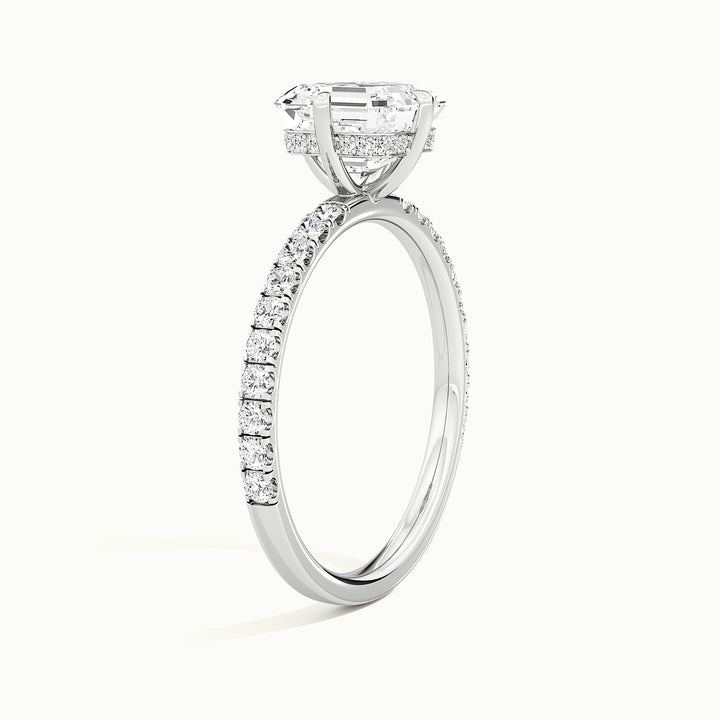 White gold Asscher-cut compass pave hidden halo engagement ring, raised three-quarter view of the setting