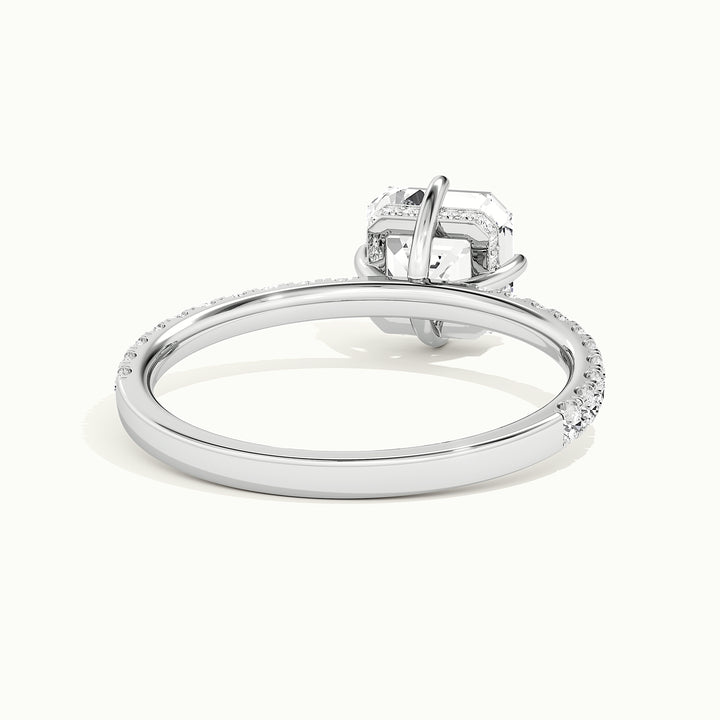 White gold Asscher-cut compass pave hidden halo engagement ring, rear view showing the setting gallery