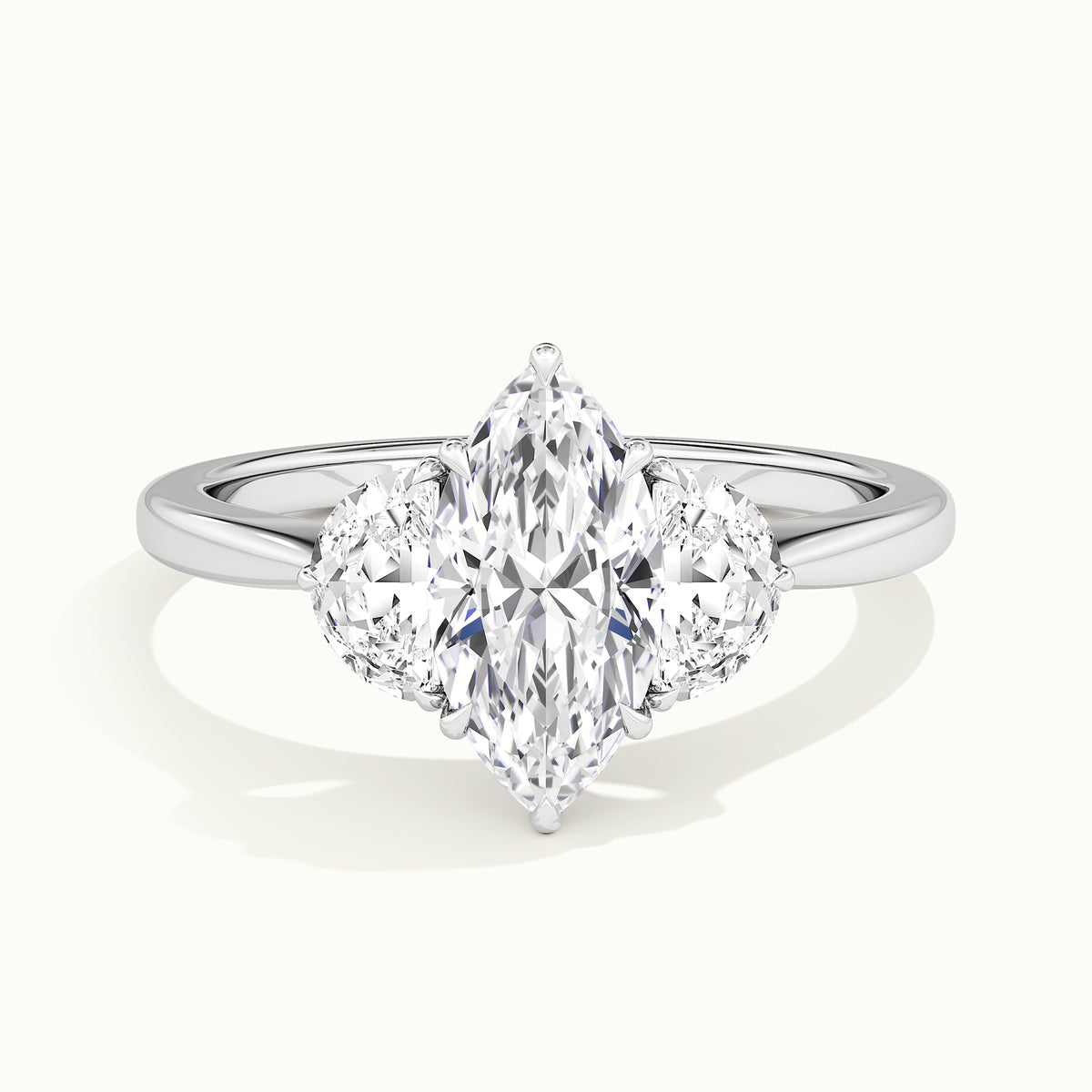White gold marquise-cut three-stone with half-moon side stones engagement ring, front view