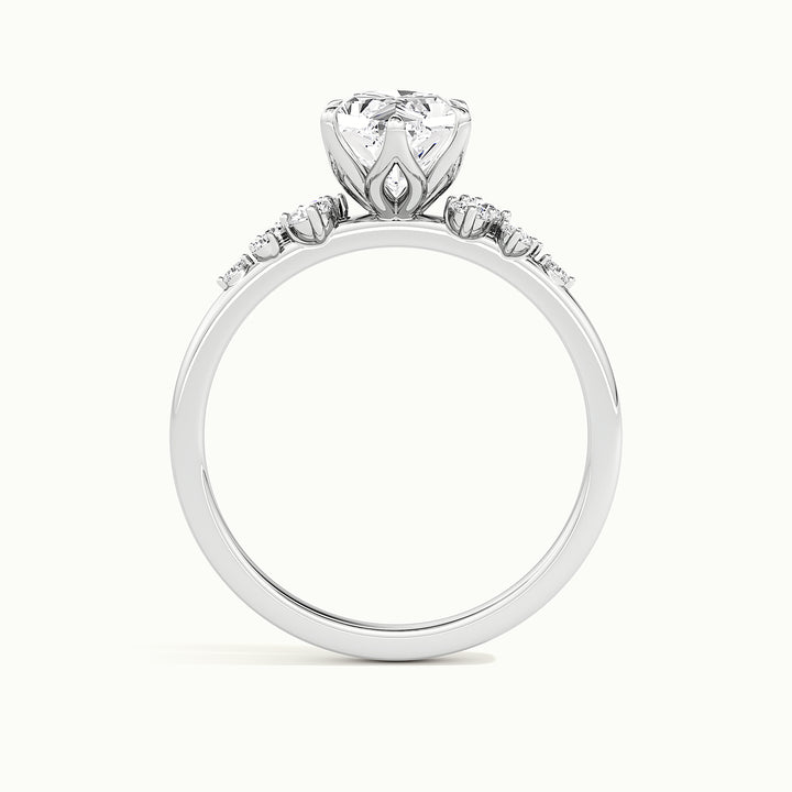White gold Dutch marquise-cut side-stone cluster engagement ring, side profile showing setting height