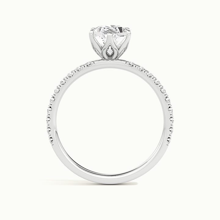 White gold Dutch marquise-cut pave tulip setting engagement ring, side profile showing setting height