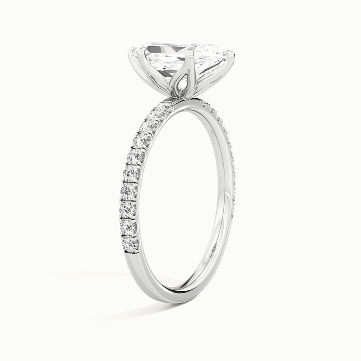 White gold Dutch marquise-cut pave tulip setting engagement ring, raised three-quarter view of the setting