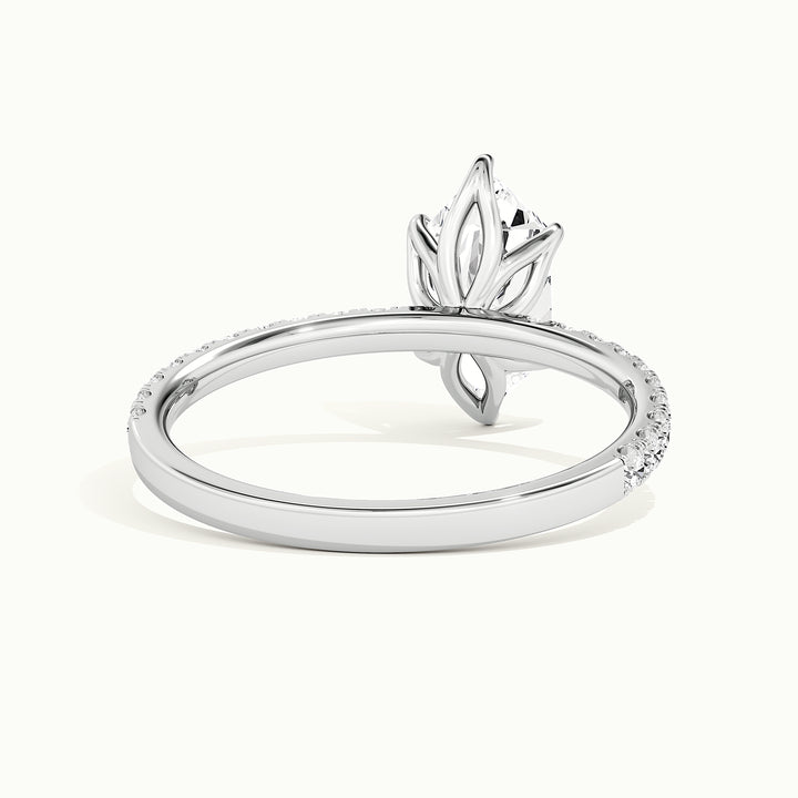 White gold Dutch marquise-cut pave tulip setting engagement ring, rear view showing the setting gallery