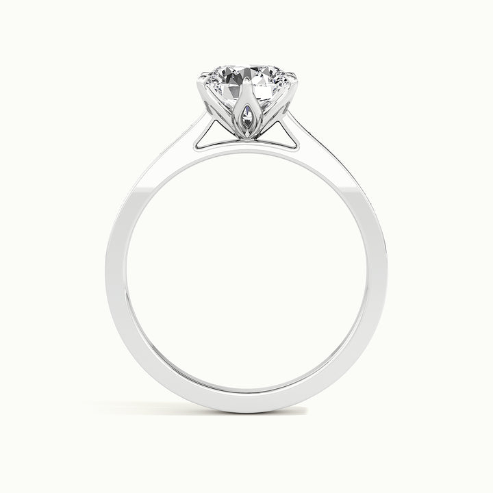 White gold round brilliant-cut vintage-inspired tulip setting engagement ring, side profile showing setting height