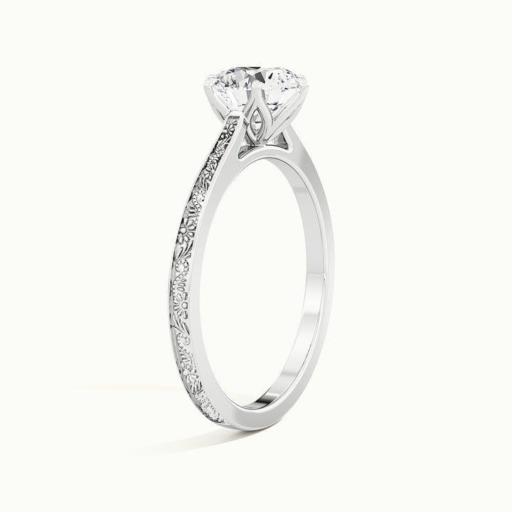 White gold round brilliant-cut vintage-inspired tulip setting engagement ring, raised three-quarter view of the setting