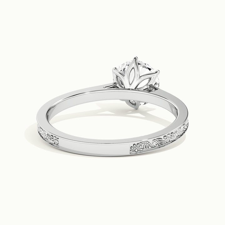 White gold round brilliant-cut vintage-inspired tulip setting engagement ring, rear view showing the setting gallery