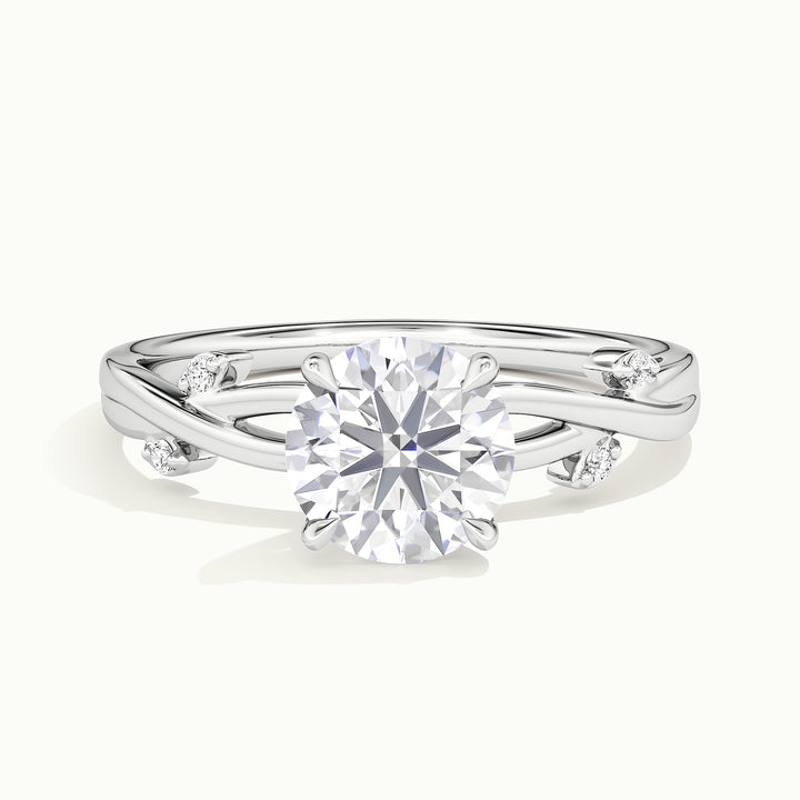 White gold round brilliant-cut nature-inspired branch and leaf engagement ring, front view