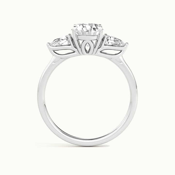 White gold oval-cut three-stone lotus floral engagement ring, side profile showing setting height